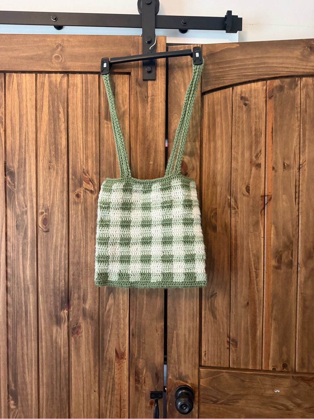 Handmade Green Check Crochet Tote Bag